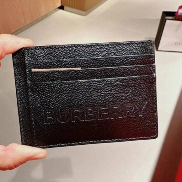 NEW BURBERRY CHASE STORM BLACK GRAINED LEATHER LOGO CLIP CARD HOLDER CASE - Picture 1 of 4